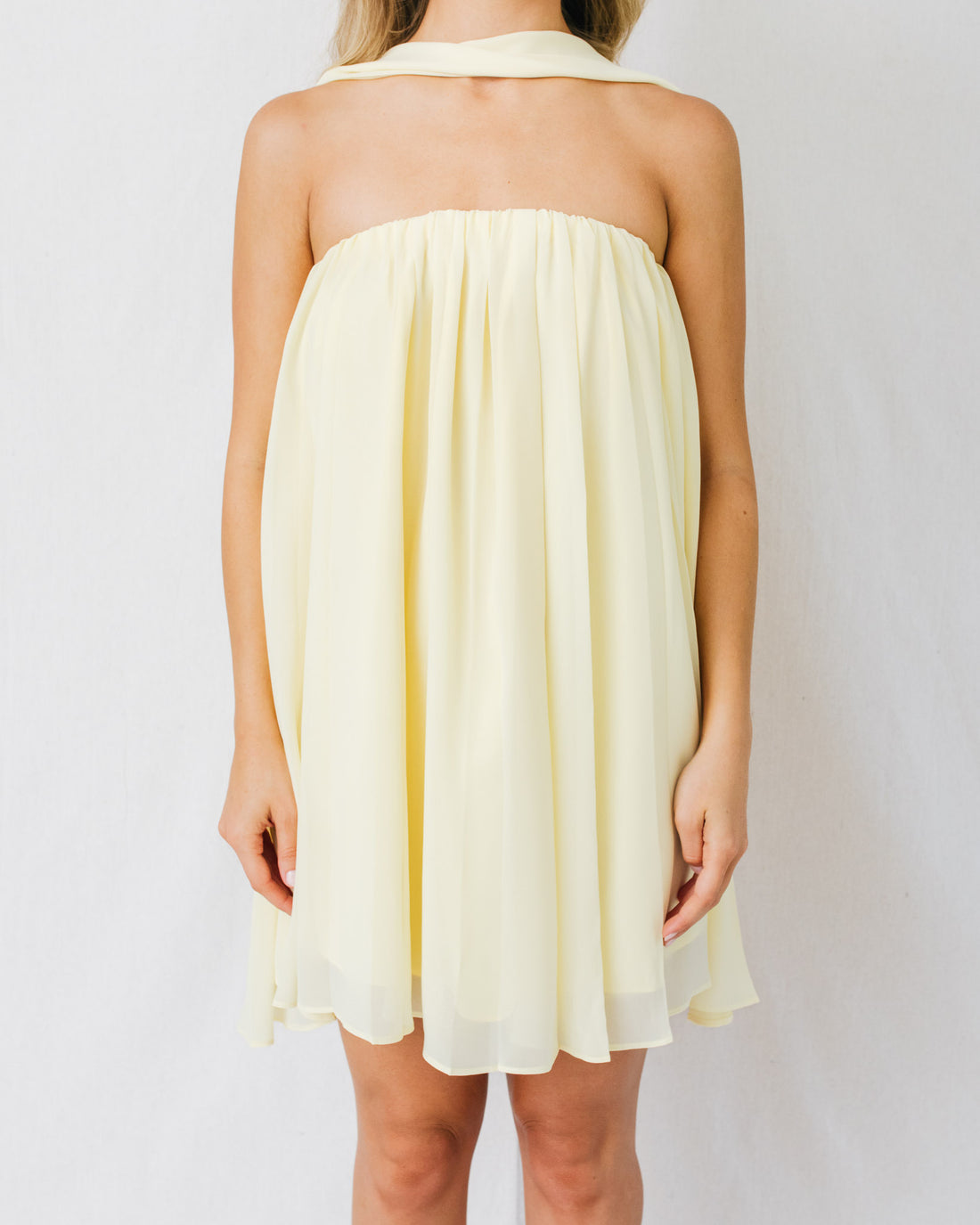 Sugar Talking Strapless Chiffon Neck Scarf Detail Mini Dress
