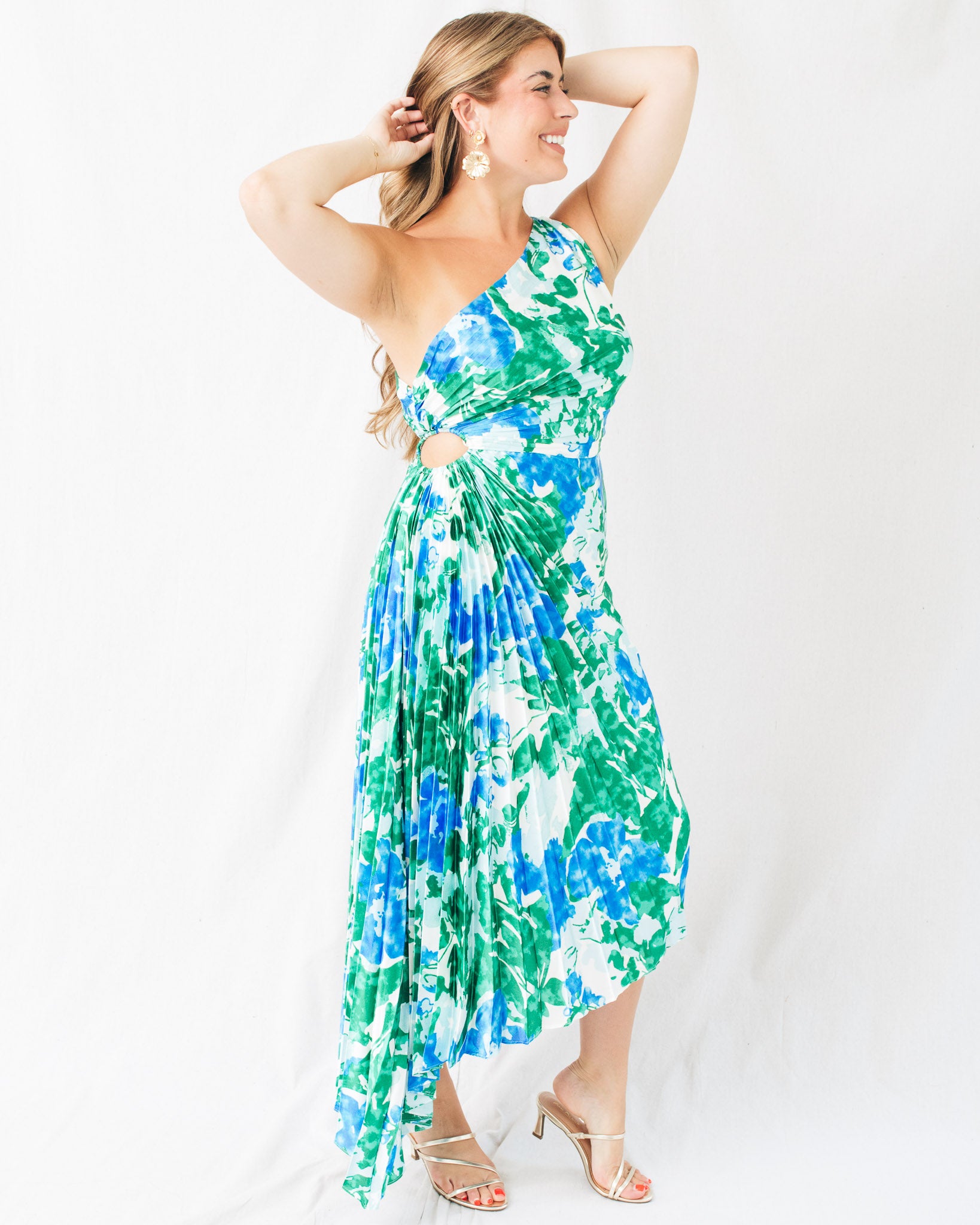 Acapulco One Shoulder Pleated Asymmetrical Midi Dress
