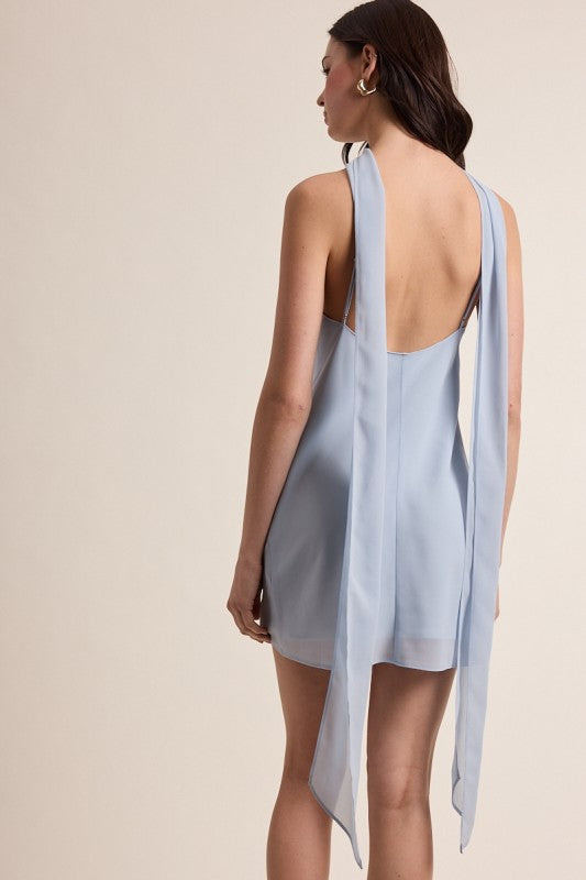 Aura Open Back w/Scarf Detail Bias Cut Mini Dress