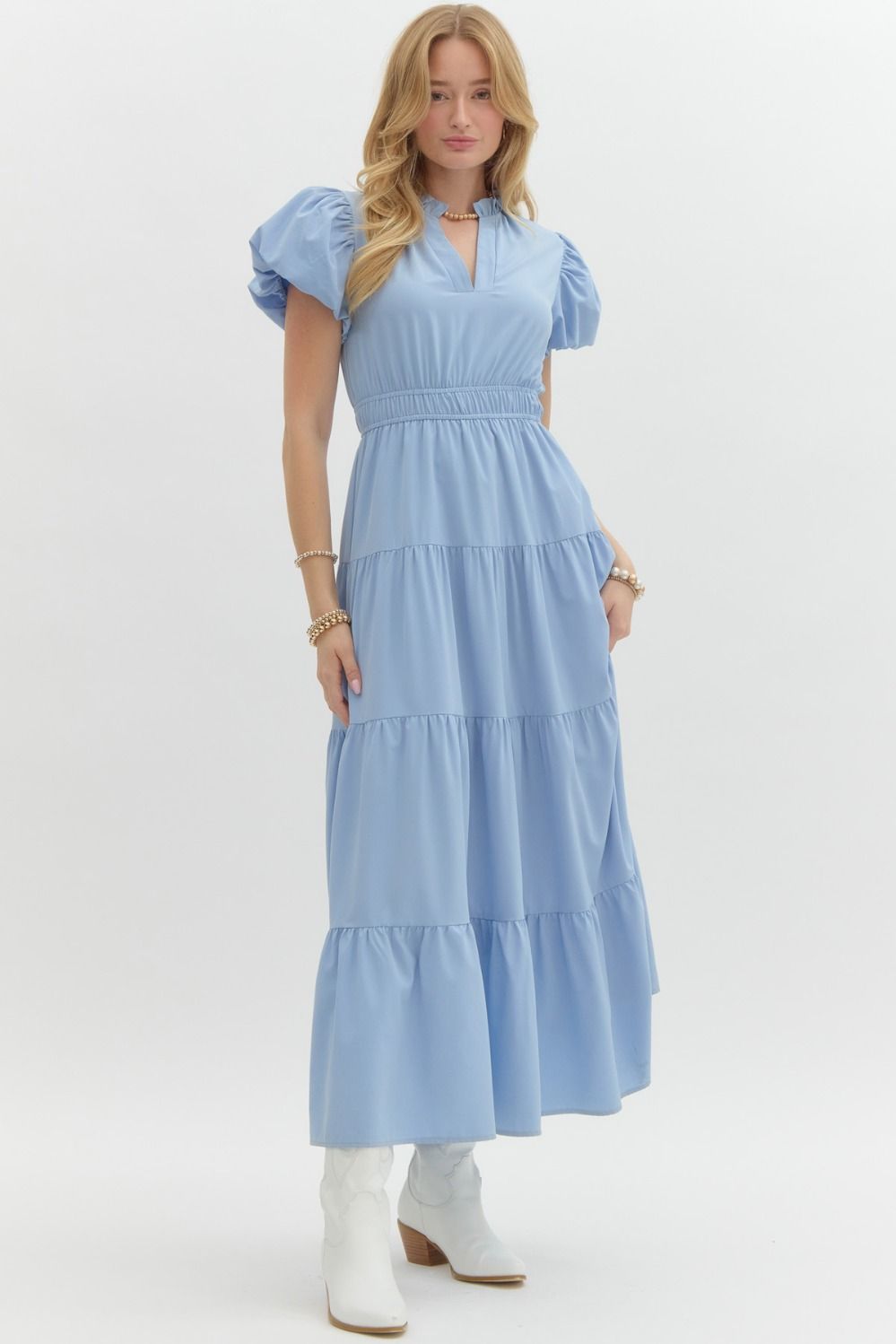 Soraya V-Neck Puff Sleeves Tiered Maxi Dress